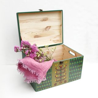 リトアニア 鳥や花が描かれたハンドペイントの木箱 特大 グリーン