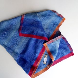 ny131 リトアニアの手織りリネン＆シルクスカーフ ブルー系の色合いにオレンジ、赤の縁取り