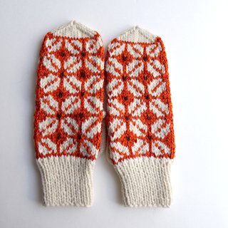 gk007 リトアニアの手編みミトン オレンジとオフホワイトの伝統的な編み柄