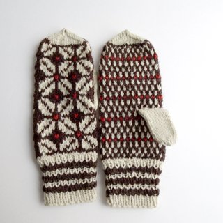 gk011 リトアニアの手編みミトン ブラウン×オフホワイトに小さな茶色のハートがぽつぽつ