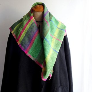 ny134 リトアニアの手織りリネン＆シルクスカーフ グリーン系にピンクやパープル、イエローのストライプ