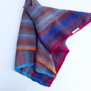 ny158 リトアニアの手織りリネン＆シルクスカーフ 明るいブラウンと水色のボーダーに赤やオレンジのライン