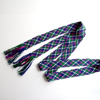 juo028 リトアニア 手織りベルト 太め毛糸で織られたブルー、グリーン、ピンクの民族柄
