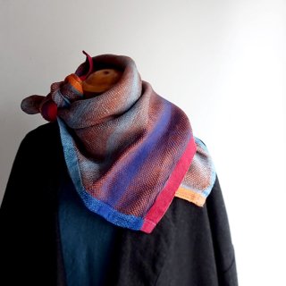 ny174 リトアニアの手織りリネン＆シルクスカーフ ブルー系＆ブラウンをベースにした色合い