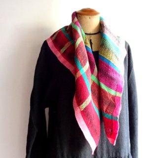 ny331 リトアニアの手織りリネンスカーフ リネン100% ビビッドでカラフルな色合い 約66×66cm