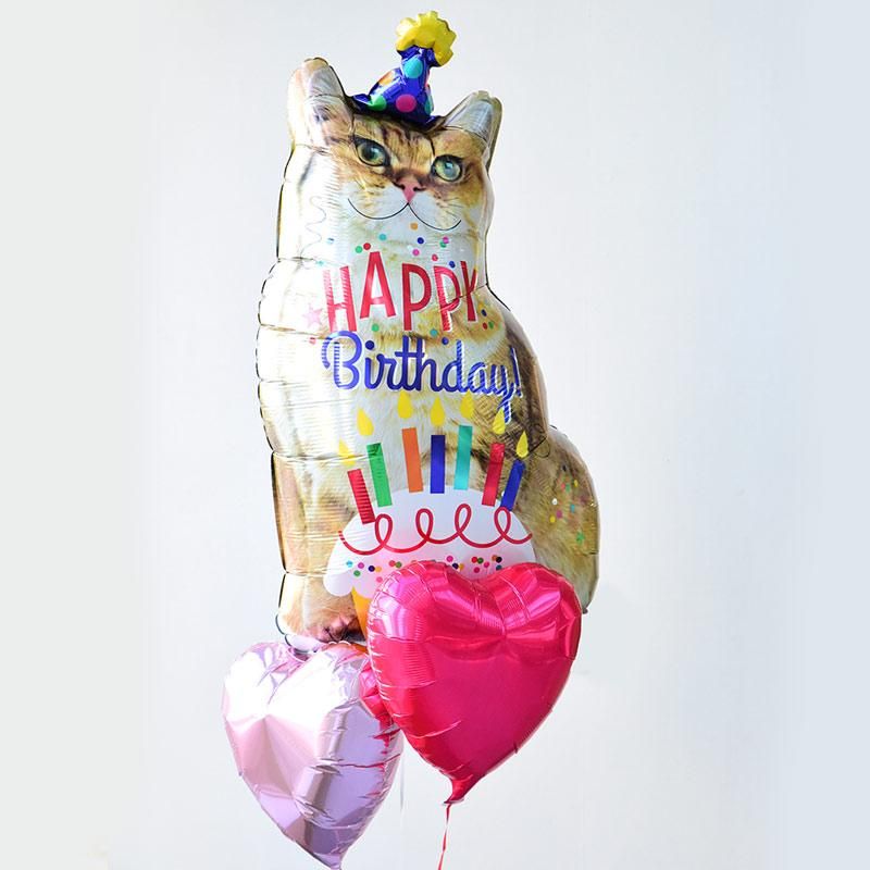 送料無料 浮かせてお届け バースデイキャット ねこ ハートのバルーンブーケ 誕生日 ペットのお祝い 誕生日 Cat 猫 キャット ネコ 贈り物 ヘリウムガス入り メッセージ付 飾り バルーン電報 あす楽 リトルレモネード