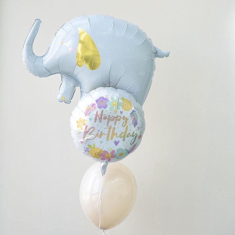おやすみゾウさんのサブメッセージ付き4BRゴム風船のブーケ【浮かせて