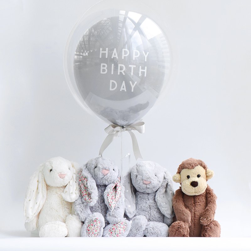 HAPPY BIRTHDAY バブルラッピング＆ JELLYCATのぬいぐるみのセット【浮かせてお届け】1歳 誕生日 バルーン  バブルバルーン【正規品】ジェリーキャット Mサイズ Bashful Monkey Blossom Silver Twinkle White  Twinkle Silve