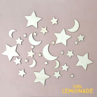【お星様とお月様】 木製パーツ Moon&Star ウッドパーツ Wood 星と月の32個セット Little Lemonade オリジナル　LLS