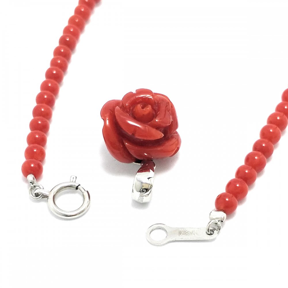 薔薇 ( バラ ) ペンダント付 赤紅珊瑚 コーラル ネックレス K18WG