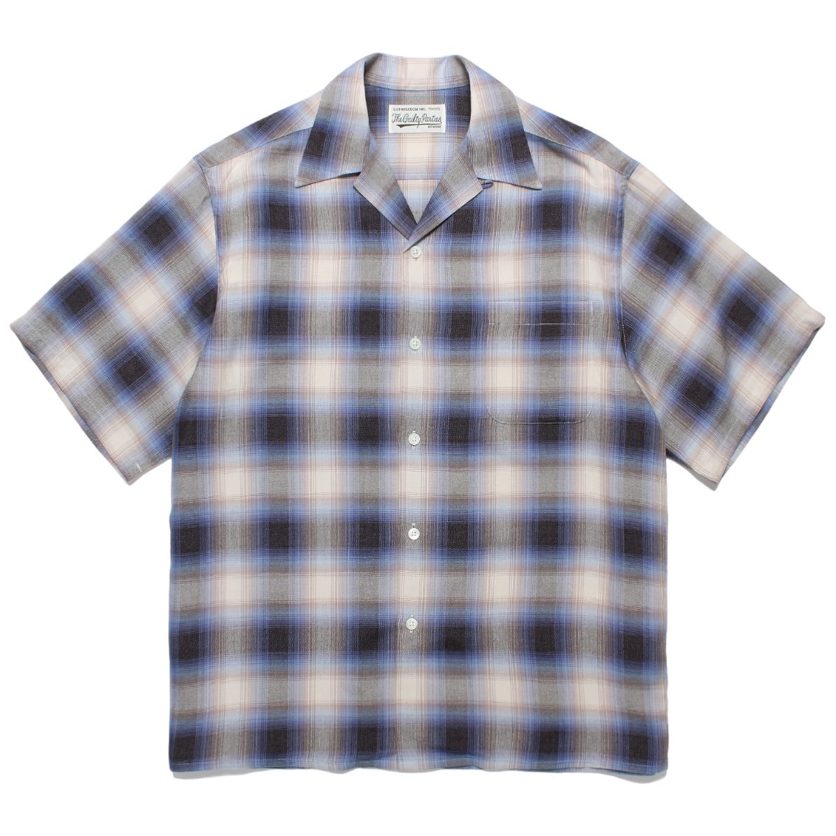 WACKOMARIA<BR>OMBRE CHECK OPEN COLLAR SHIRT S/S (TYPE-1) (BLUE)