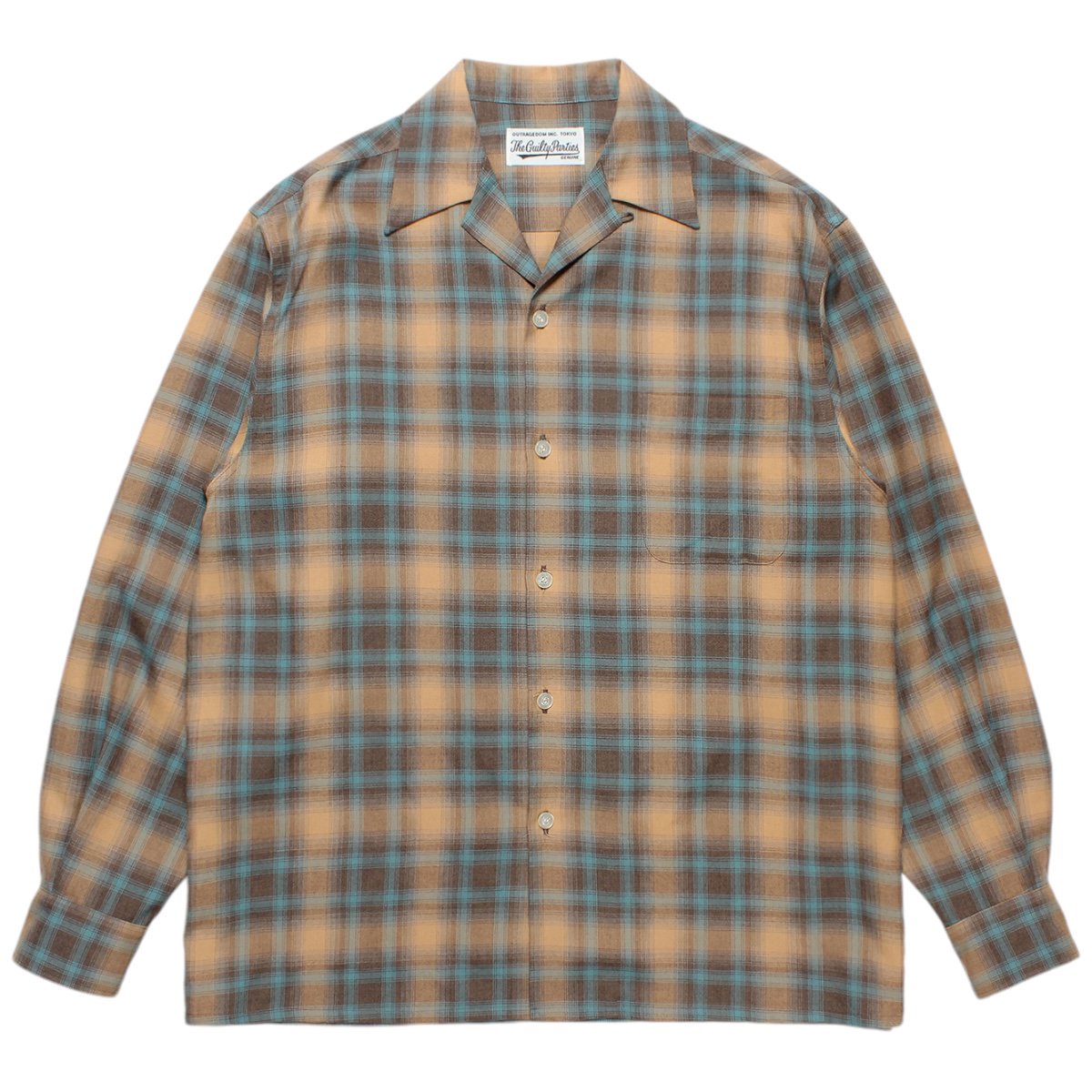 WACKOMARIA<BR>OMBRE CHECK OPEN COLLAR SHIRT L/S ( TYPE-2 ) (BROWN)