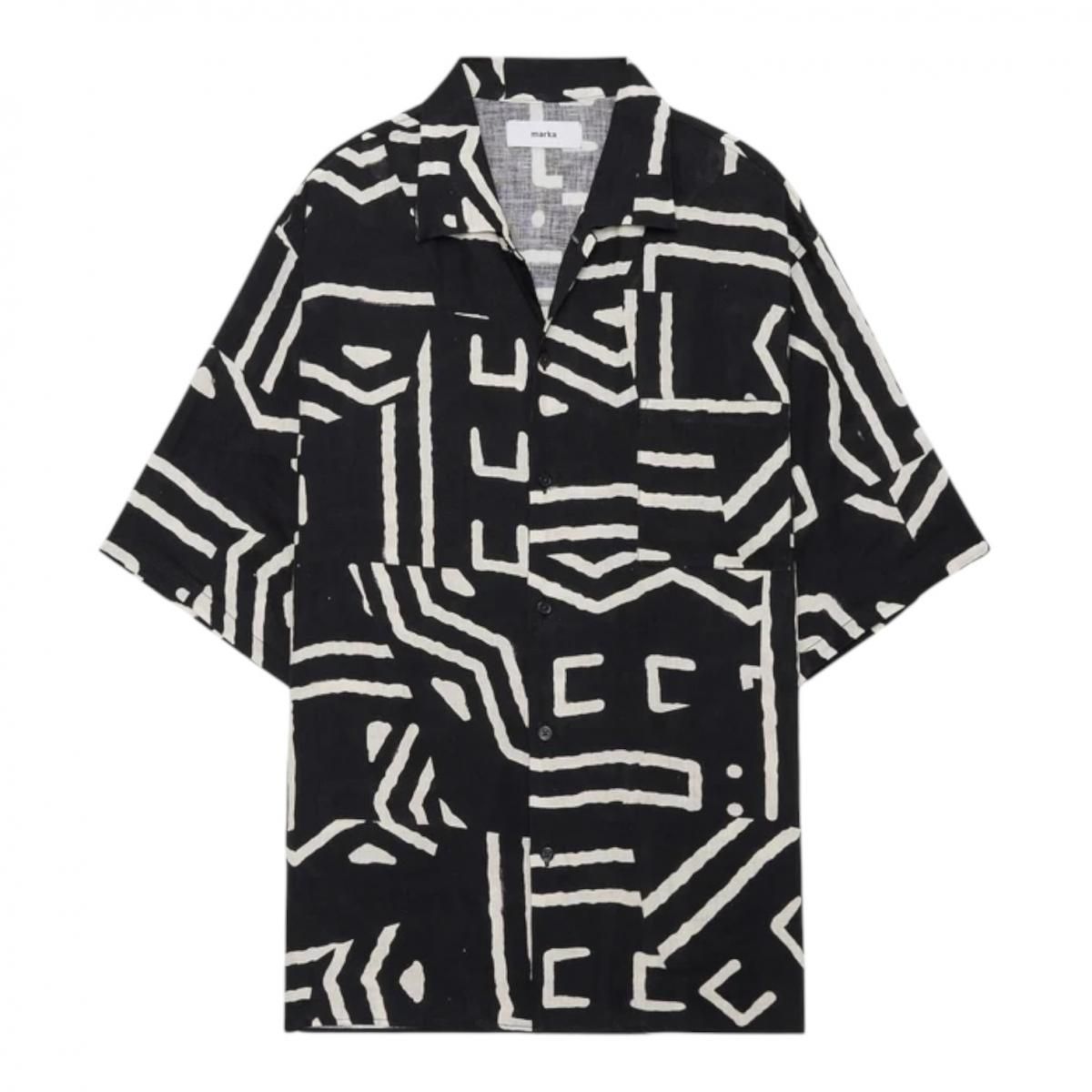 marka <BR>LINEN TROPICAL OPEN COLLAR S/S SHIRT (Black x Ivory)