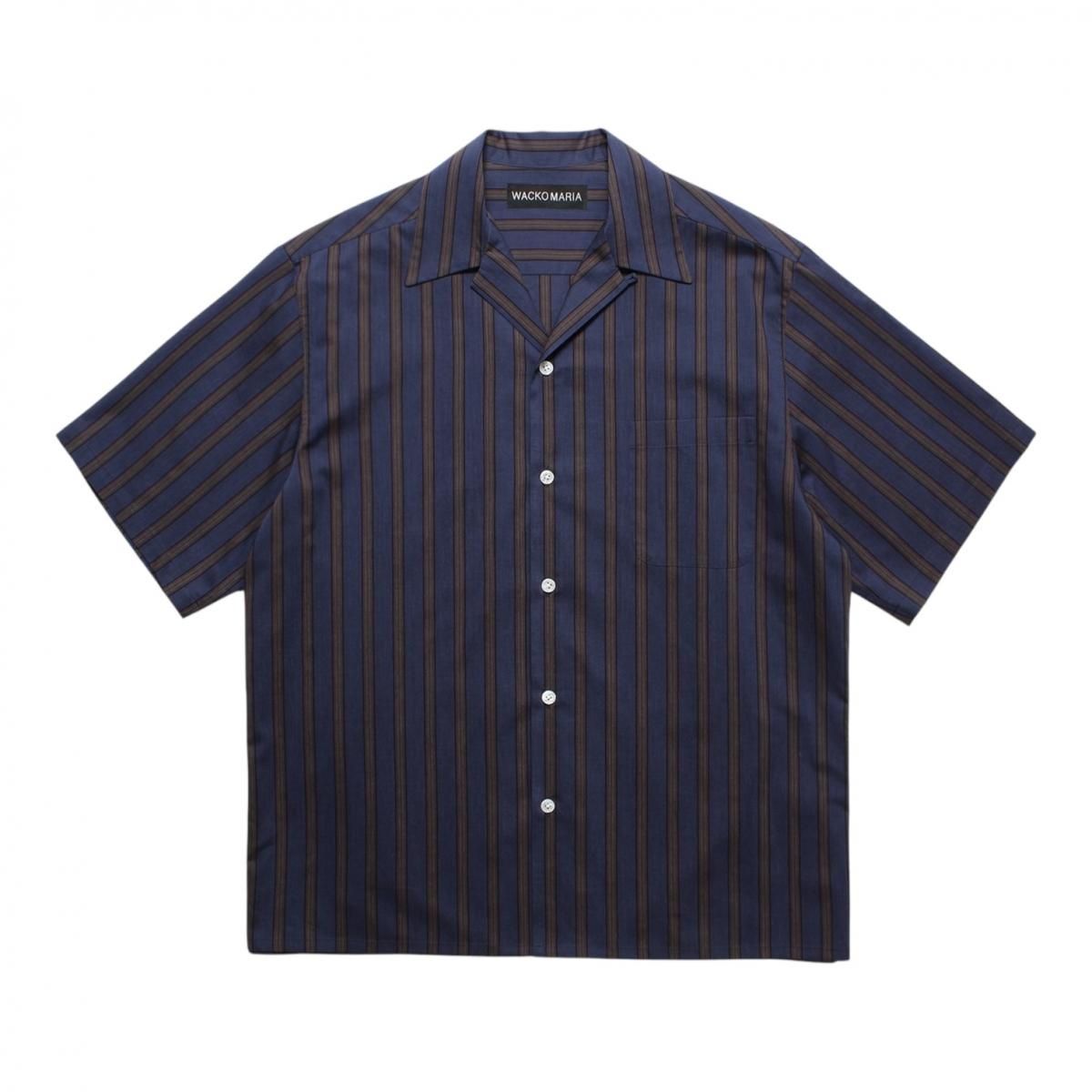 WACKOMARIA<BR>STRIPED OPEN COLLAR SHIRT S/S ( TYPE-2 ) (NAVY)
