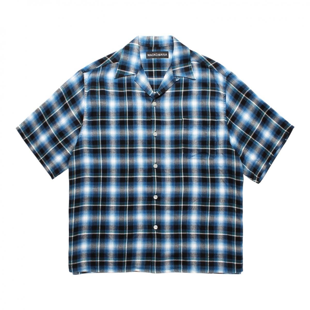 WACKOMARIA<BR>OMBRE CHECK OPEN COLLAR SHIRT S/S ( TYPE-1 ) (BLUE)