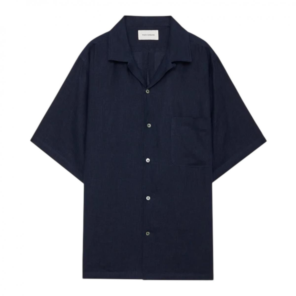 MARKAWARE <BR>HEMP SHIRTING NEW OPEN COLLAR S/S SHIRT (NAVY)