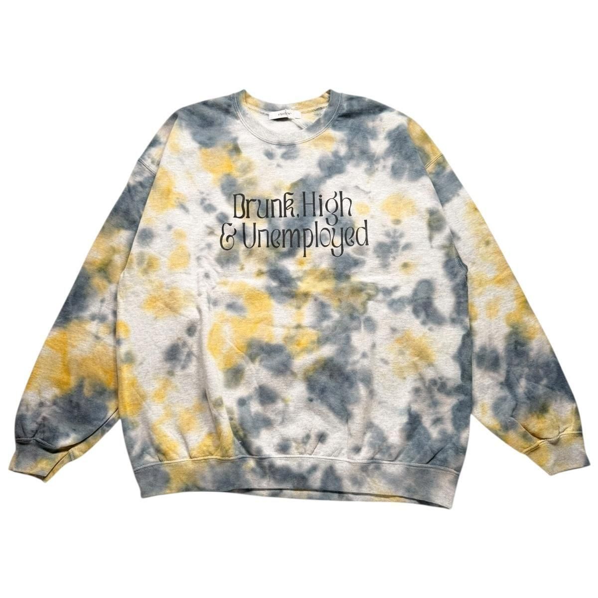 exodus brand<BR>DRUNK,HIGH & UNEMPLOYED TIEDYE SWEAT SHIRT (GRAYYELLOW)