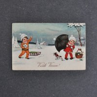 ヴィンテージクリスマスカード＜雪投げをして遊ぶ子供たち＞