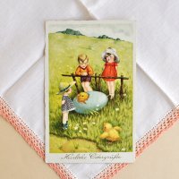 スイス　ヴィンテージ イースターカード＜子供たちと水色のタマゴ＞