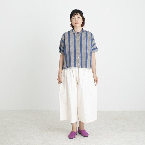 ヤンマ産業 会津木綿 スタンドカラーシャツ 半袖 ひじり縞 YAMMA