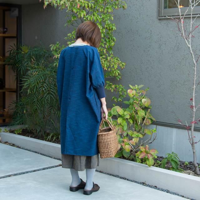 うなぎの寝床 久留米絣の割烹着 103cm丈 無地 ブルー KAPPOGI-103