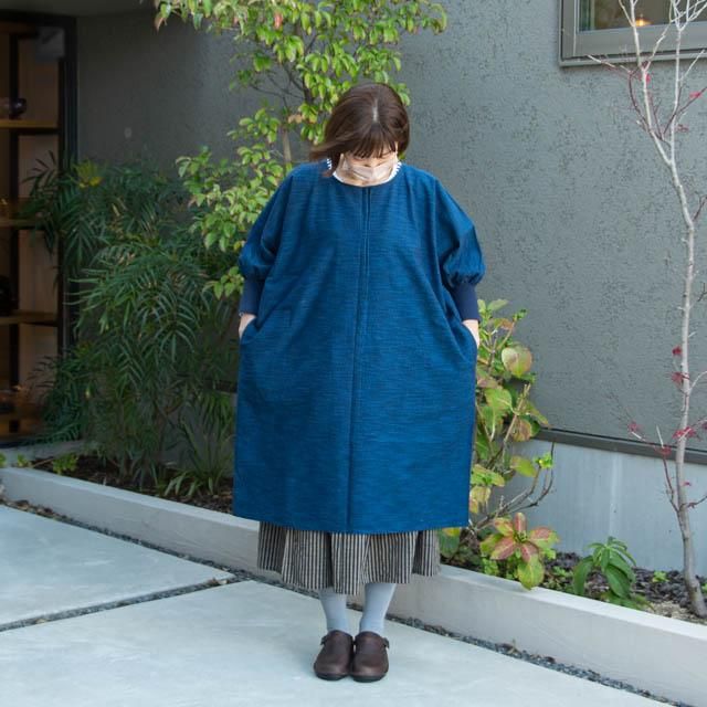 うなぎの寝床 久留米絣の割烹着 103cm丈 無地 ブルー KAPPOGI