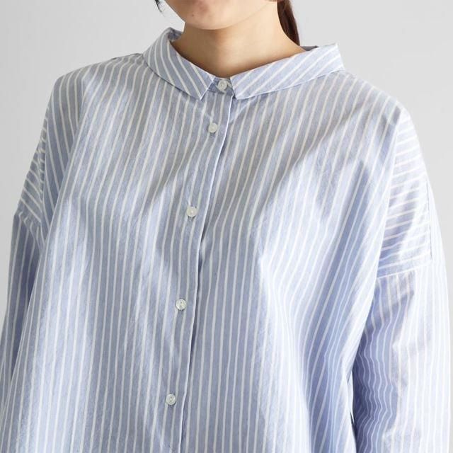 【1回使用美品】オーガニックコットンシャツ huis ラベンダーストライプ 1回使用美品】オーガニックコットンシャツ huis ラベンダー