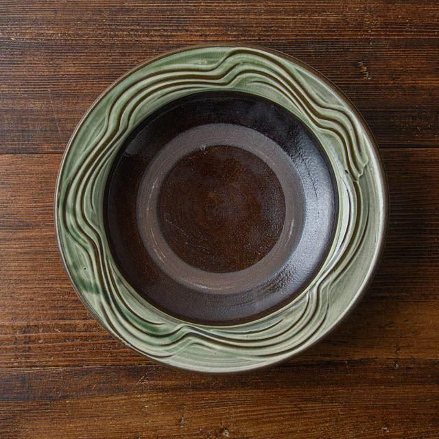 小鹿田焼 坂本工窯 七寸皿 07リム櫛目 緑