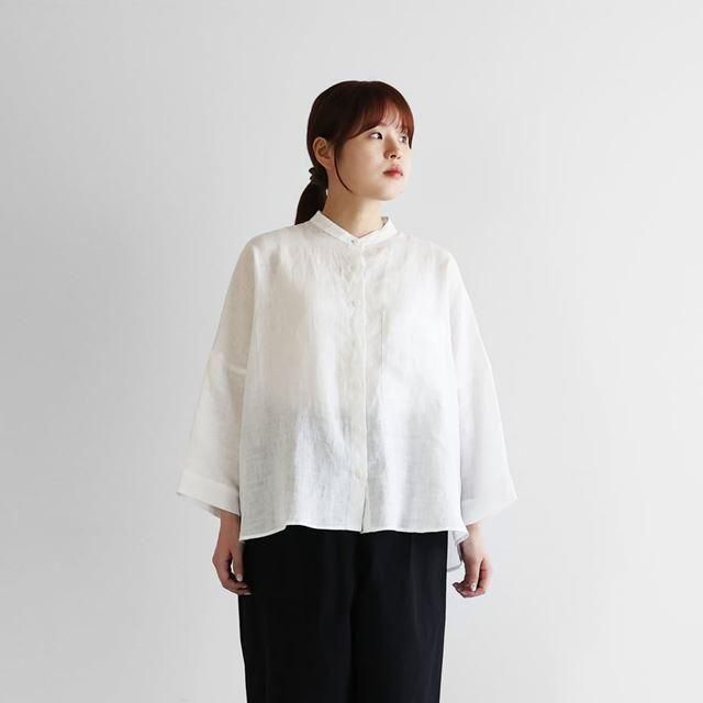 HUIS ハウス 8分袖シャトルリネンライトバンドカラーブラウス（白）レディス
