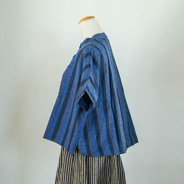 ＊新品＊ヤンマ産業　会津木綿　スタンドカラーシャツ 袖なし　プラス丈　棒縞 YAMMA 会津木綿 スタンドカラーシャツ 棒縞（袖なし・袖あり