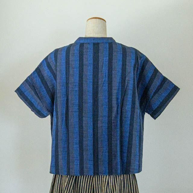 ＊新品＊ヤンマ産業　会津木綿　スタンドカラーシャツ 袖なし　プラス丈　棒縞 YAMMA 会津木綿 スタンドカラーシャツ おさむ縞 （袖なし・袖