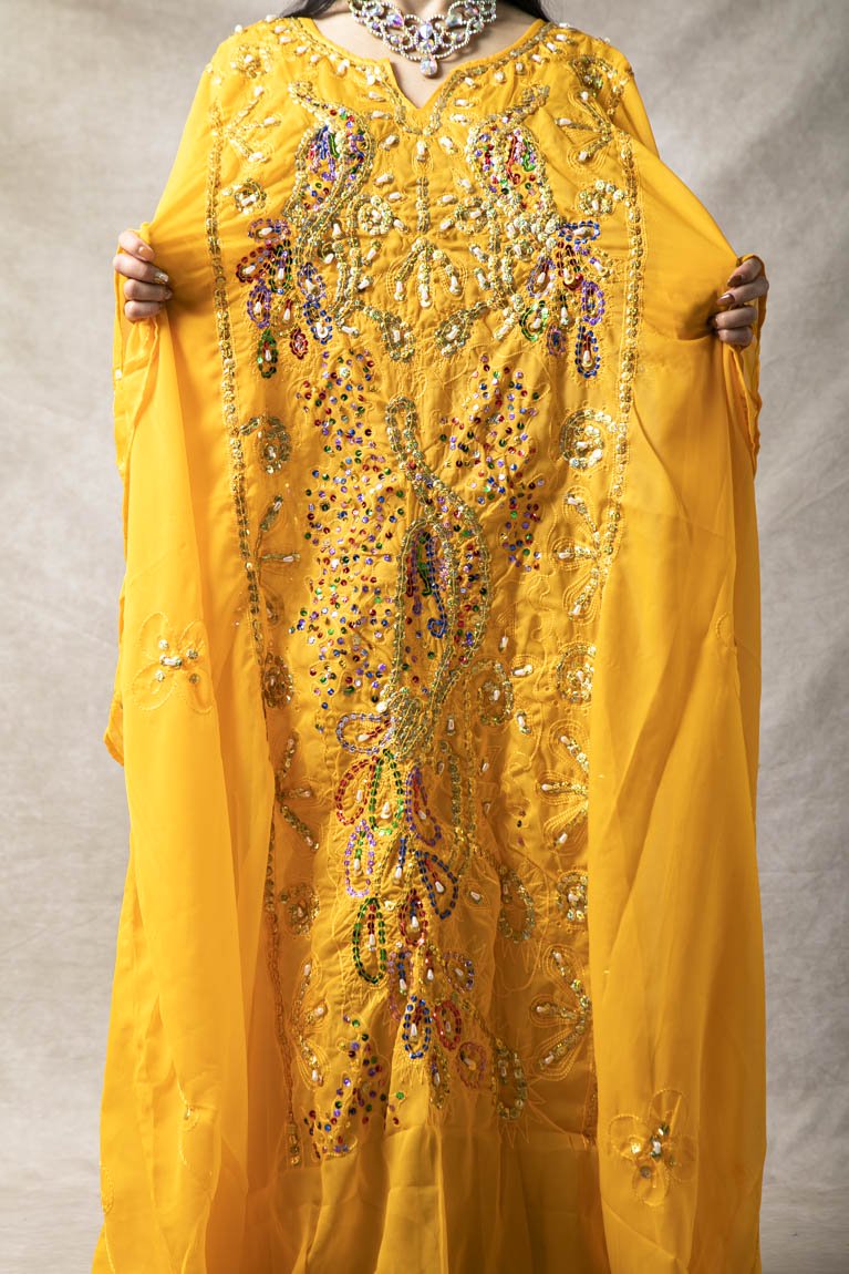 エジプト製 孔雀刺繍 ハリージドレス イエロー黄色 - Bellydance 