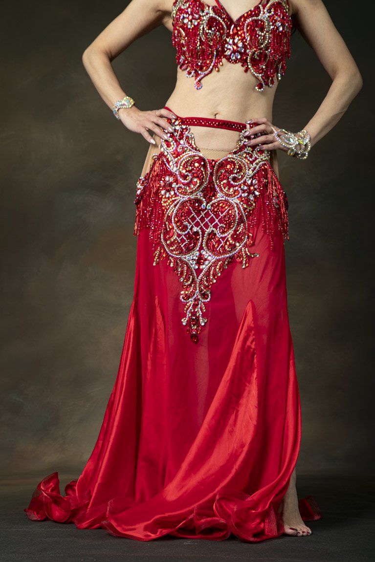 Amira design ベリーダンス衣装 一体型コスチューム 豪華 red 大きめ - Bellydance costume selectshop  Naju-le