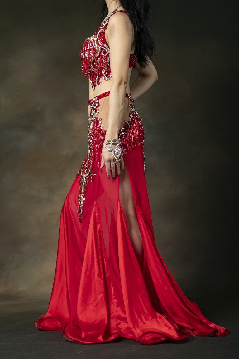 Amira design ベリーダンス衣装 一体型コスチューム 豪華 red 大きめ - Bellydance costume selectshop  Naju-le