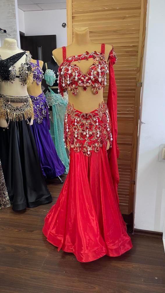 Amira design ベリーダンス衣装 一体型コスチューム 豪華 red 細身 - Bellydance costume selectshop  Naju-le