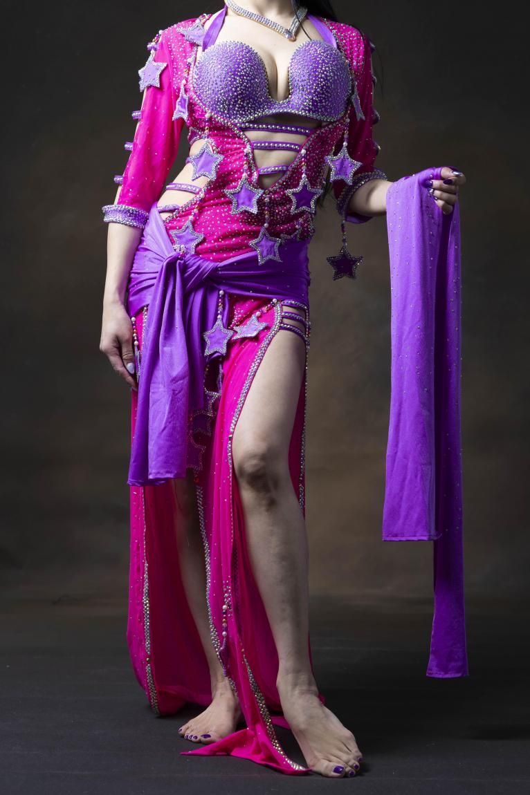 【新品】ホワイト＆パープル★ベリーダンス衣装♫オリエンタル ベリーダンスオリエンタル衣装 パープル＆ホワイト yw2515
