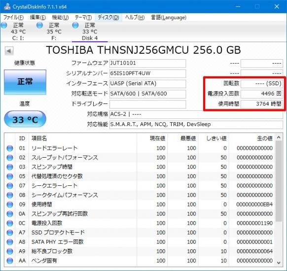 TOSHIBA SSD mSATA 256GB使用時間0