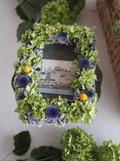 アナベル紫陽花　花畑リース ひたむき＞紫陽花アナベルのリース 商品ページ - 土と風の植物園