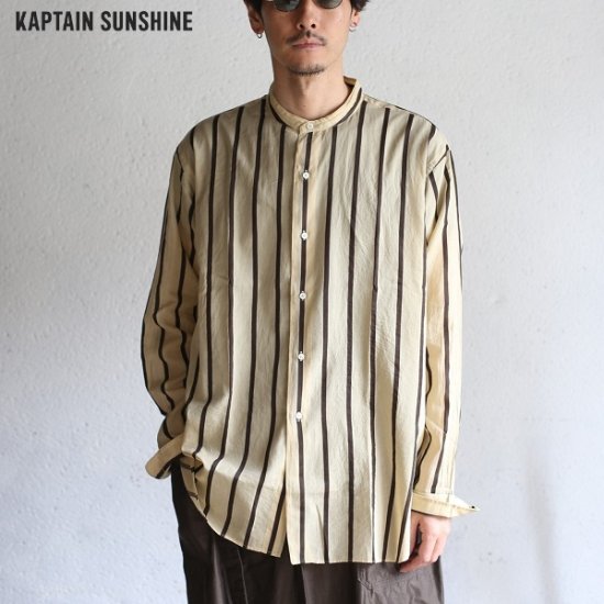 Kaptain Sunshine】Stand Collar Shirt BEIGE STRIPE スタンドカラー ...
