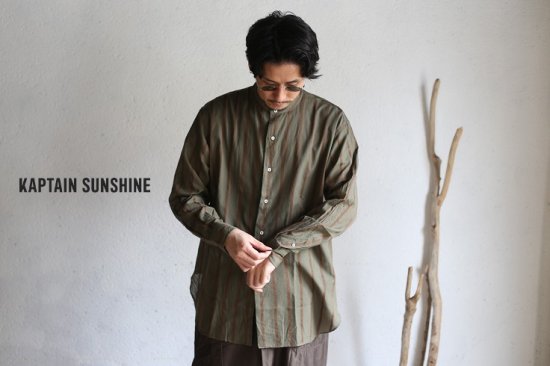 Kaptain Sunshine】Stand Collar Shirt OLIVE STRIPE スタンドカラー