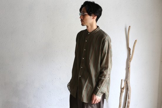 Kaptain Sunshine】Stand Collar Shirt OLIVE STRIPE スタンドカラー