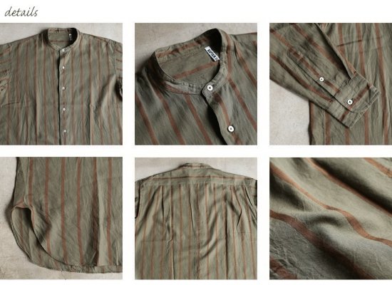 Kaptain Sunshine】Stand Collar Shirt OLIVE STRIPE スタンドカラーシャツ オリーブストライプ  キャプテンサンシャイン 日本製【送料無料】- iraka