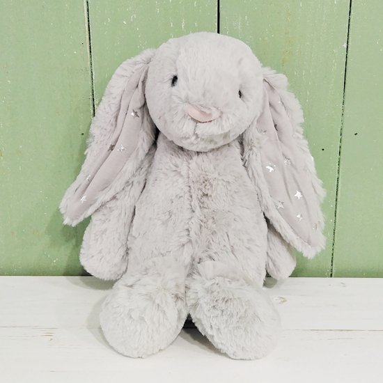 Jellycat「Bashful Shimmer Bunny M」（バシュフル シマーバニー・シルバー色に星柄・Mサイズ）-  イギリス雑貨COTSWOLDS