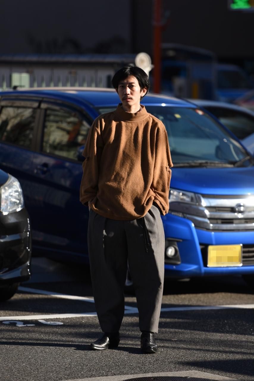ETHOSENS Honeycomb tapered slacks greige × navy - BISHOOL