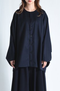 BISHOOL Wool Gabardine No Collar KIMONO-Sleeve Shirt navy
