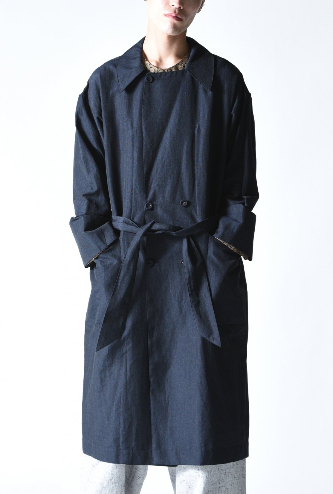 YANTOR Slab Linen Wool Long Coat dark navy - BISHOOL,Edwina Horl