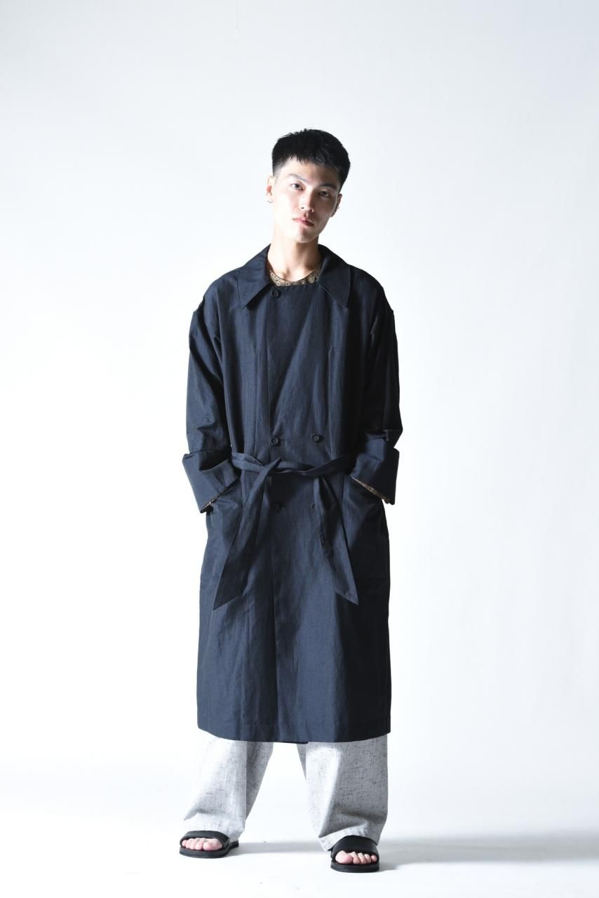 YANTOR Slab Linen Wool Long Coat dark navy - BISHOOL,Edwina