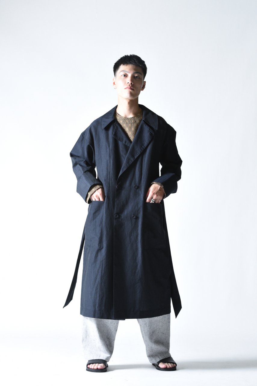 YANTOR Slab Linen Wool Long Coat dark navy - BISHOOL,Edwina