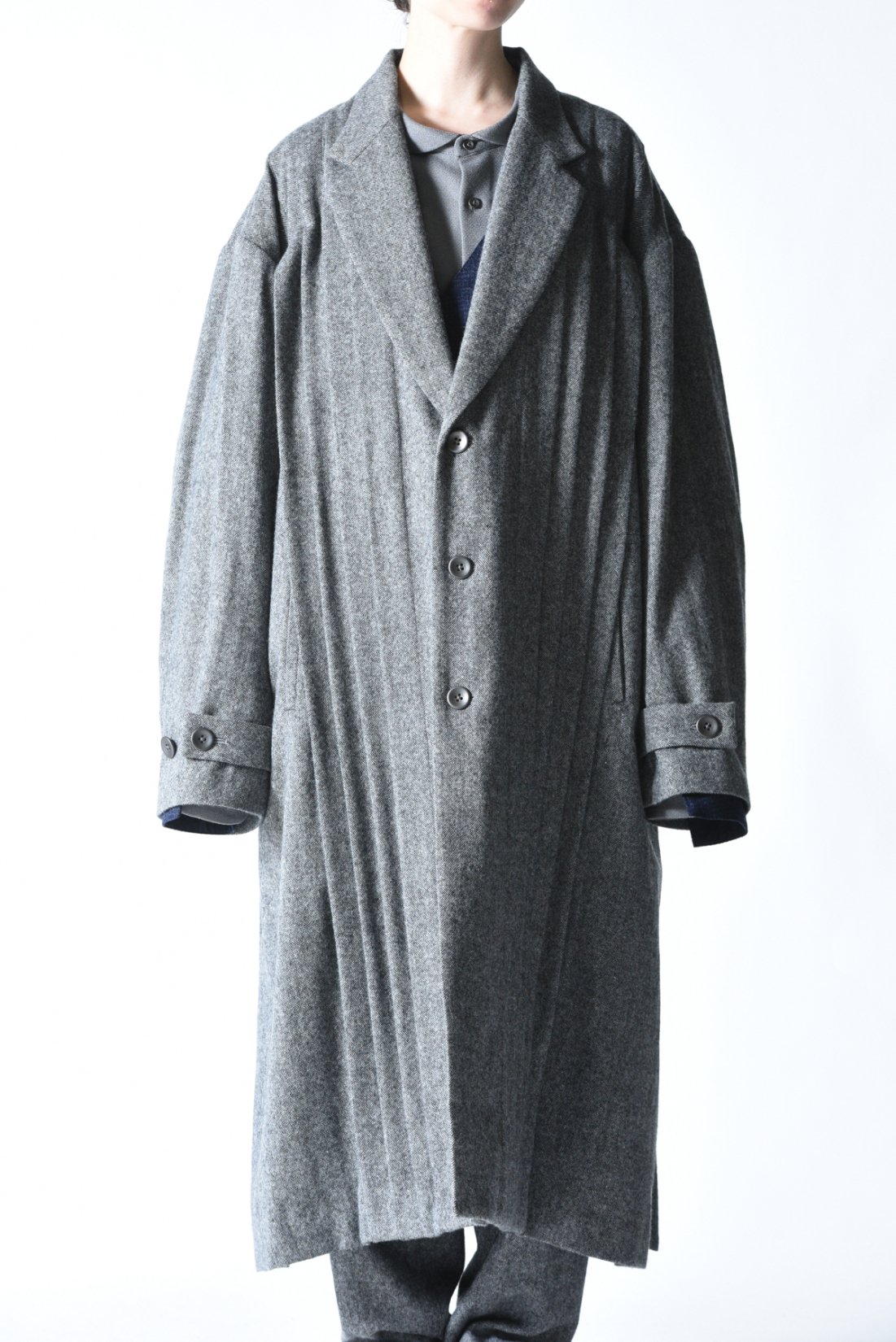 NEPHOLOGIST Wool Tweed Pleats Big Coat mix gray - BISHOOL,Edwina