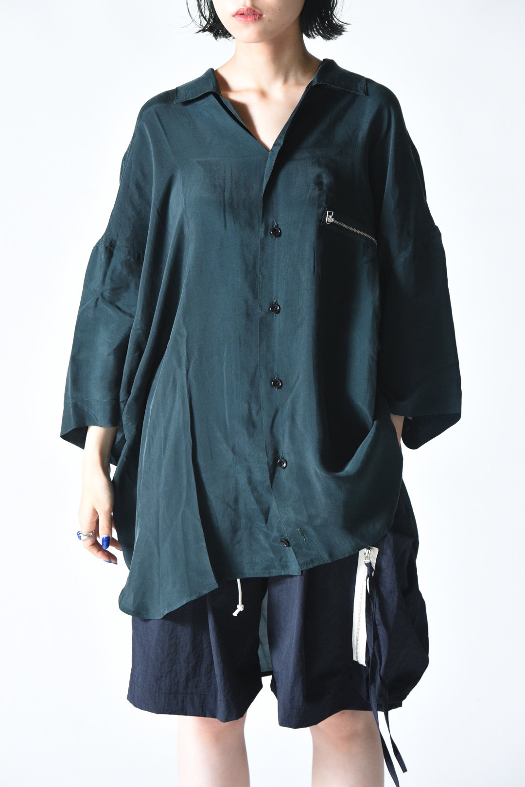 My Beautiful Landlet シルクタッチ開襟ビッグシャツ Green - BISHOOL